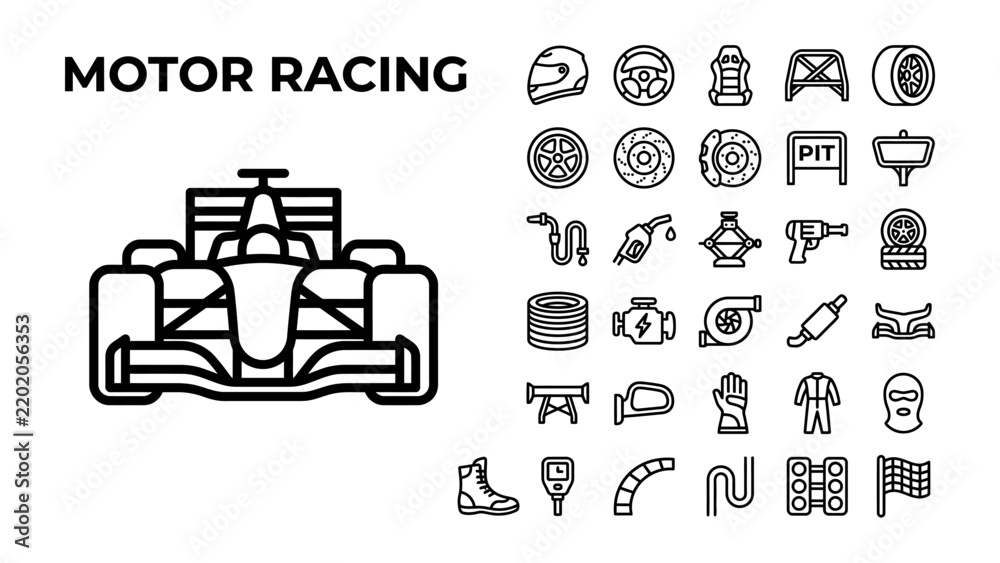 Obraz premium Motor Racing Icons: A collection of line art icons representing various elements of motor racing, including a formula 1 car, helmet, tire, steering wheel, and pit lane equipment.