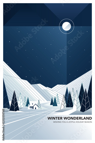 Minimalist geometric winter wonderland at night modern retro style vertical template have blank space.