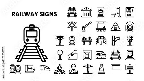 Railway Signs Collection: A comprehensive collection of graphic icons representing various railway signs, signals, and infrastructure elements, perfect for informational or design purposes.