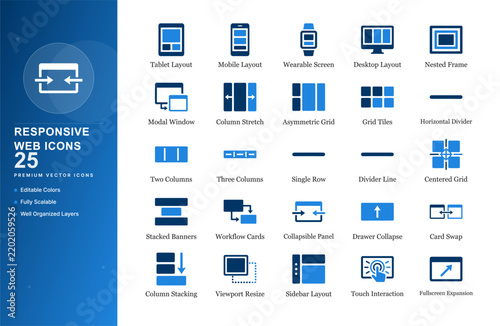 Responsive web layout icon set design grid screen wireframe template browser interface breakpoint adaptive column viewport crossplatform monitor flexbox structure framework modular vector isolated