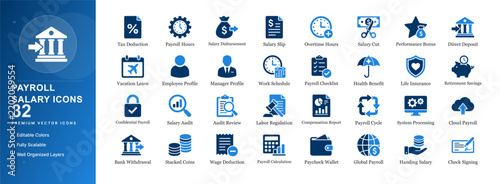 Payroll salary management icon set wages compensation employee hr payment earnings benefit stipend paycheck bonus tax deduction remuneration workforce overtime accounting staff labor vector isolated