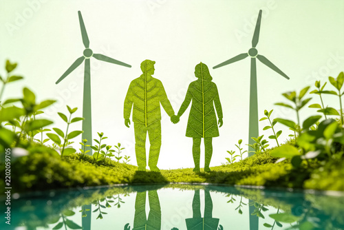 Couple Holding Hands With Wind Turbines And Green Plants