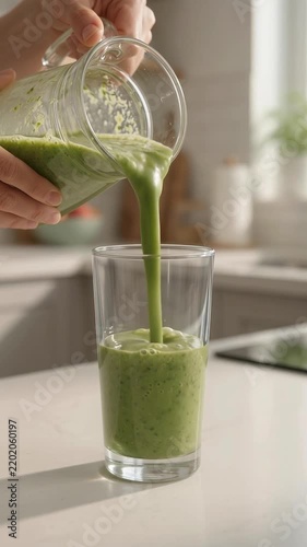 Pouring green smoothie into glass, healthy vegan drink, fresh vegetable juice, nutritious breakfast, wellness lifestyle, and natural food concept