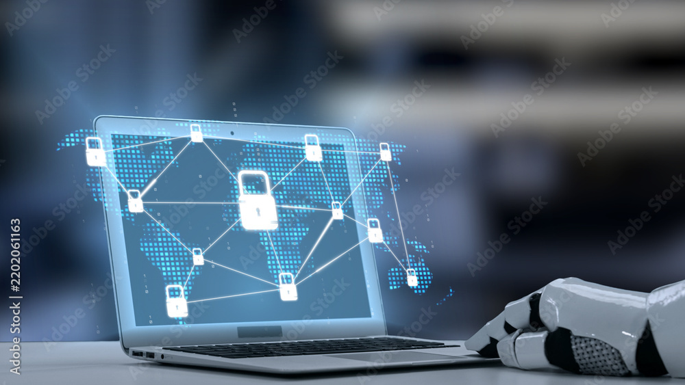 Obraz premium A robotic hand interacts with a laptop displaying a digital network security concept, symbolizing the intersection of technology, automation, and data protection in a modern environment. Salient