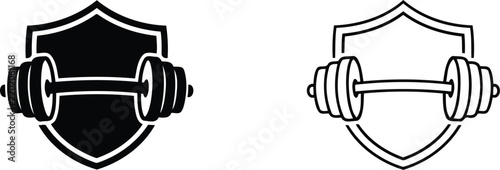 Gym fitness logo with barbell shield and chain emblem for hardcore athletics branding