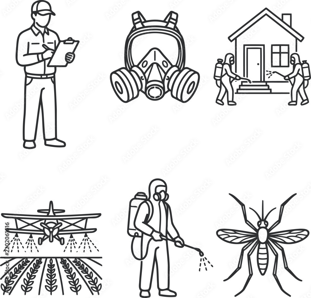 Obraz premium Pest control service icons set with workers protective equipment and insects in thin line style