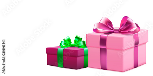 Festive illustration with two colored gift boxes with ribbons and bows on white background