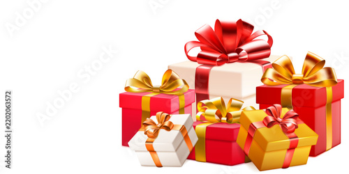 Festive illustration with several colored gift boxes with ribbons and bows on white background