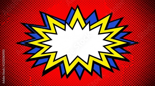 Blank Comic Speech Bubble Explosion on Red Halftone Background with Bright Yellow and Blue Burst