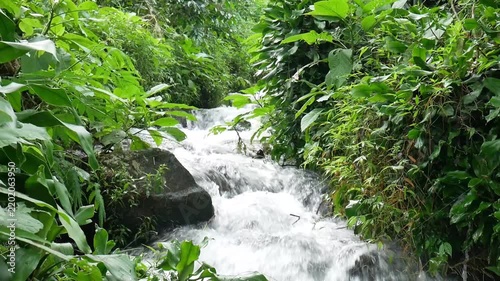 Natural Tropical River Flowing Over Rocks in Deep Indonesian Forest