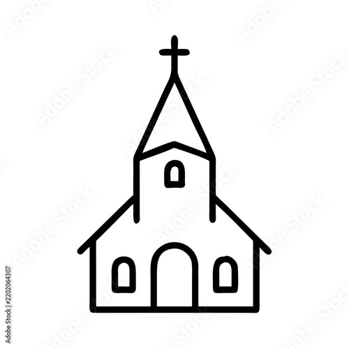 church with steeple line icon, religious building and architecture symbol for worship, faith and community concept, outline vector design