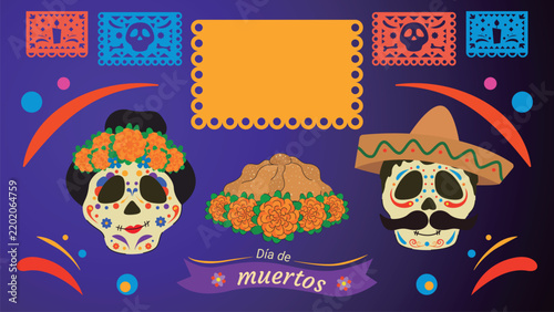 Day of the dead horizontal template with catrina, catrín, marigold flowers and pan de muerto.