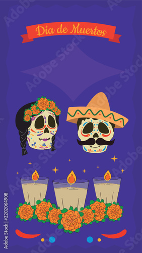 Day of the dead mexican altar illustration with skulls, candles, flowers and pan de muerto.