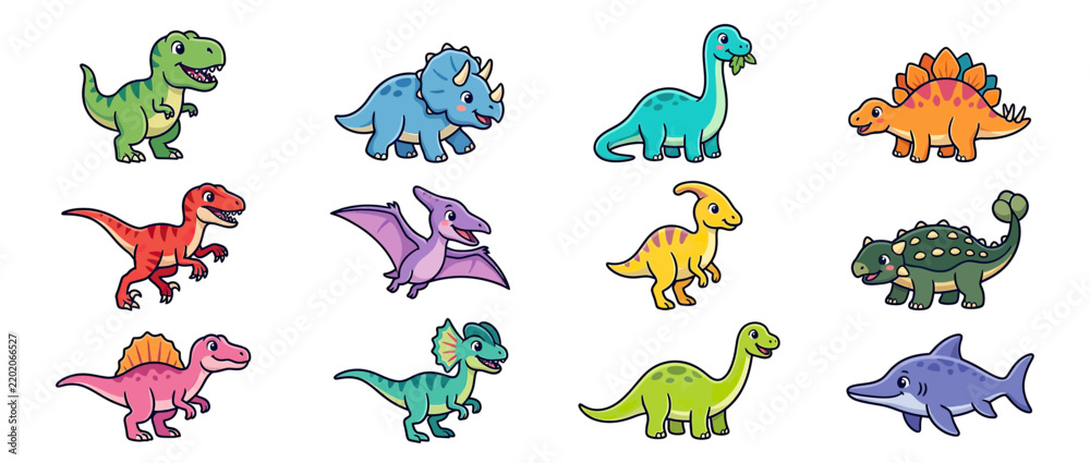 Obraz premium Cute cartoon dinosaurs collection isolated on transparent background