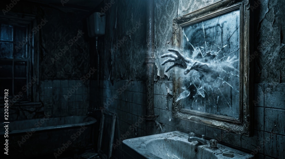 Obraz premium Horror Banner: Spectral Hand Reaching From Cracked Victorian Mirror in Haunted Bathroom