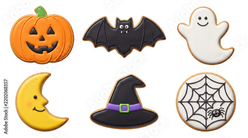 Set of six halloween icing cookies isolated on transparent background png