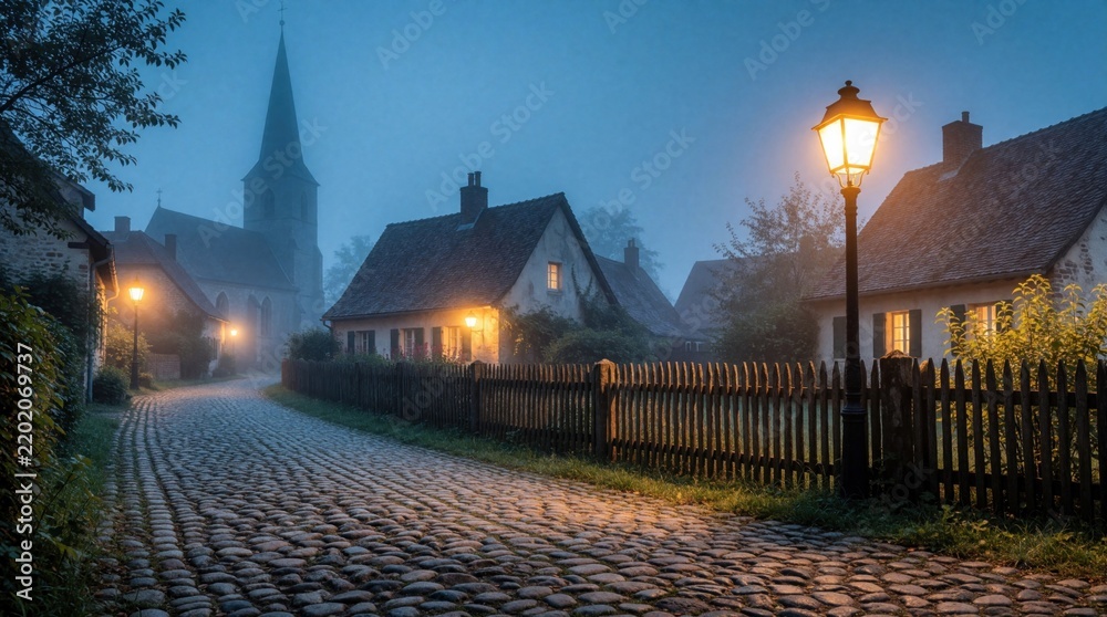 Obraz premium Misty village street at dawn with cobblestone road. Old houses, church spire emerge from thick fog. Warm glow from vintage street lamps illuminates quiet rural town. Peaceful morning scene in