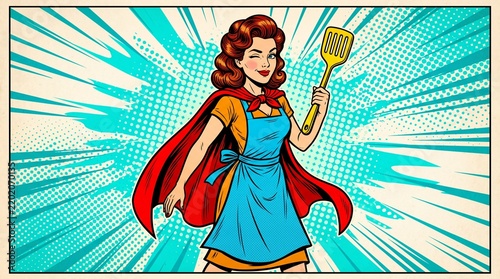 Dynamic Retro Pop Art Illustration of a Supermom in a Red Cape, Confidently Wielding a Spatula, Symbolizing Domestic Empowerment and Everyday Heroism