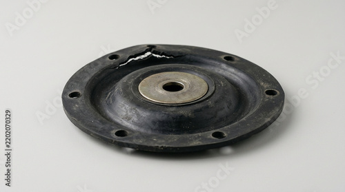 Torn rubber pneumatic valve diaphragm on a neutral background