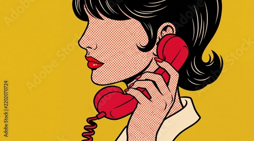 Pop art illustration of a retro woman talking on a vintage red telephone against a yellow background