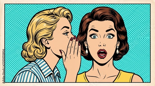 Two women sharing secrets and gossip in a vintage comic book style, with expressions of shock and surprise on their faces