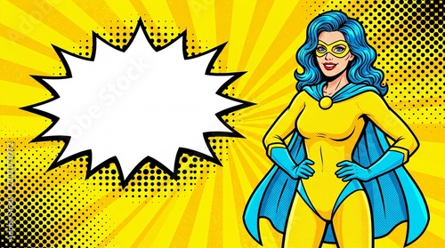 Strong female superhero in a vibrant yellow and blue costume next to a blank comic book speech bubble in vintage pop art style on yellow background