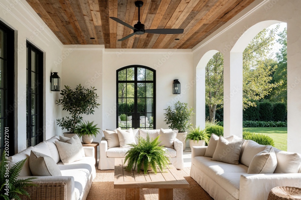 Fototapeta premium Inviting outdoor living room with white sofas, wood plank ceiling and lush plants. Cozy patio offers comfort, relaxation with garden view, perfect for entertaining guests.