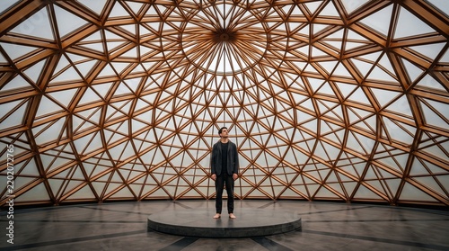 Man standing on a circular platform inside a geometric dome structure
