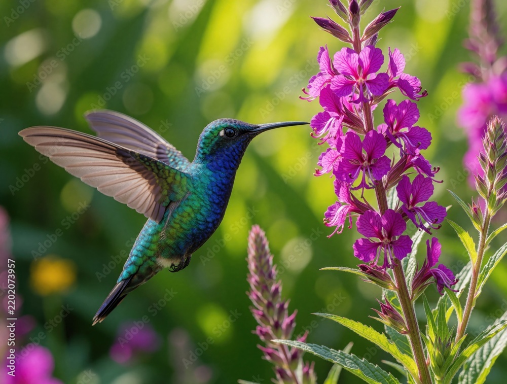 Obraz premium Small iridescent hummingbird hovers near bright purple flower. Colorful bird feeds on nectar in summer garden. Tiny wildlife wings spread flying amidst green leaves, blossoms. Beautiful tropical bird