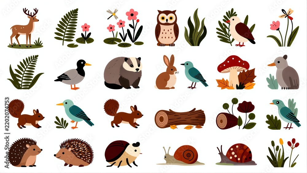 Obraz premium Cute forest animals and plants in a colorful, cartoon-style illustration.