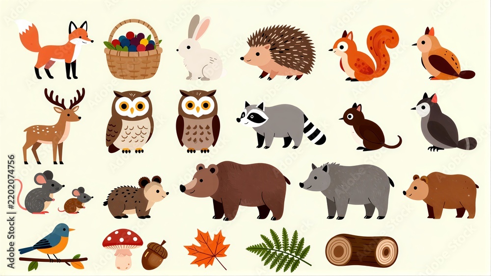 Obraz premium Cute forest animals and nature elements in a colorful, cartoon style.