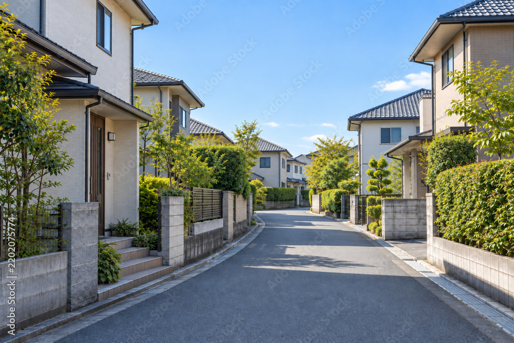 Obraz premium Quiet suburban residential street in Japan on a clear sunny day