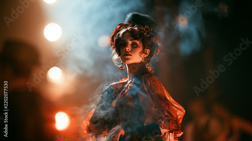 Female portrait of beautiful woman at the performance show indoors, fashion style with light effects. Circus and cabaret photography, vintage burlesque photo.