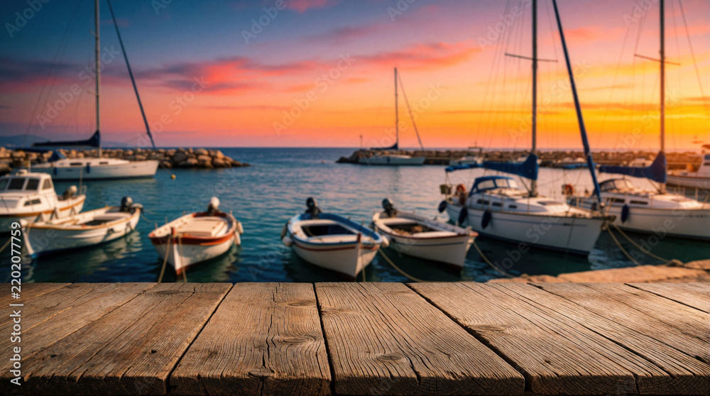 Fototapeta premium Wooden table in foreground offers view of harbor with boats docked at sunset. Colorful sky reflects on calm sea water with yachts in background.