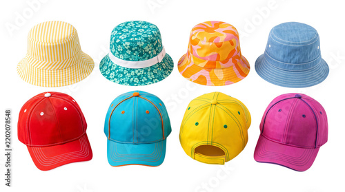 Summer fashion hats and caps collection. Featuring bucket hats and baseball caps in various colors