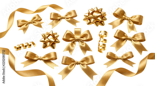 Golden gift bows and ribbons set. Featuring metallic stars curly ribbons and shiny bows. Isolated on white background for holiday design