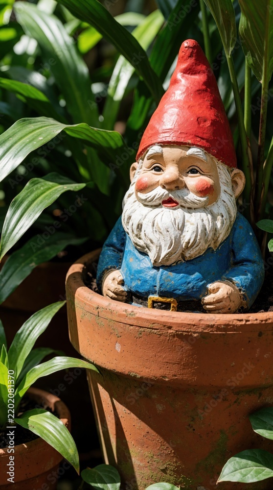 Obraz premium Garden gnome with red hat and blue coat sits in terracotta pot. Lush green plants surround ceramic figure. Decorative fantasy character peeks from foliage in outdoor setting.