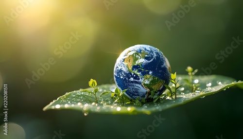 Miniature realistic planet Earth resting on a fresh green leaf covered in morning dewdrops.