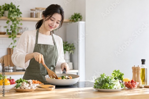 Young Woman Cooking Fresh Vegetables in a Bright Modern Kitchen with Copy Space