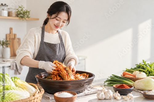 Korean Woman Making Traditional Kimchi with Fresh Napa Cabbage in a Bright Kitchen