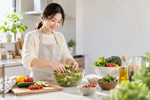Young Asian Woman Preparing Fresh Vegetable Salad in a Bright Modern Kitchen