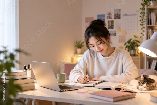 Young Asian Woman Studying at a Cozy Home Desk with Laptop and Sleeping Cat