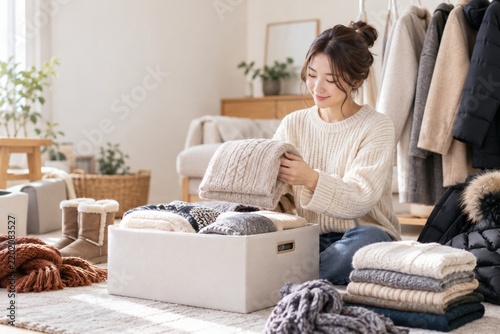 Young Asian Woman Organizing Winter Clothes and Sweaters at Home for Seasonal Wardrobe Change