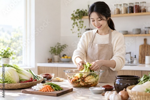 Young Korean Woman Preparing Homemade Napa Cabbage Kimchi with Fresh Vegetables in Bright Kitchen