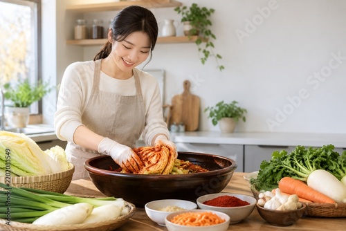 Korean Woman Making Traditional Napa Cabbage Kimchi with Fresh Vegetables in a Bright Home Kitchen