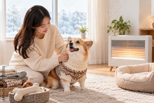 Young Asian Woman Dressing Corgi in Warm Sweater Beside Home Heater on Snowy Winter Day
