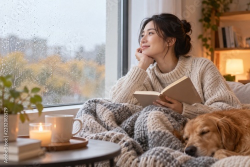 Young Asian Woman Reading by Rainy Window with Sleeping Golden Retriever in Cozy Home