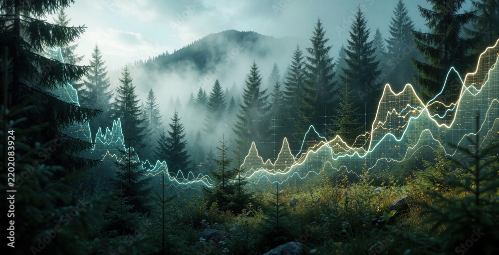 Naklejka premium Digital forest landscape with glowing data graphs overlay. Abstract financial charts, environmental statistics float over misty pine trees, mountains. Green ecosystem analysis visualization shows