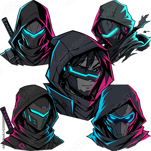 Obraz na płótnie Cyberpunk Ninjas Futuristic Hooded Characters with Neon Accents