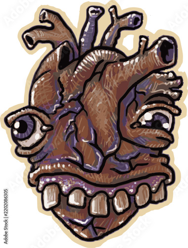 personified dumb looking anatomical heart drawing - weird, lowbrow cartoon/illustration